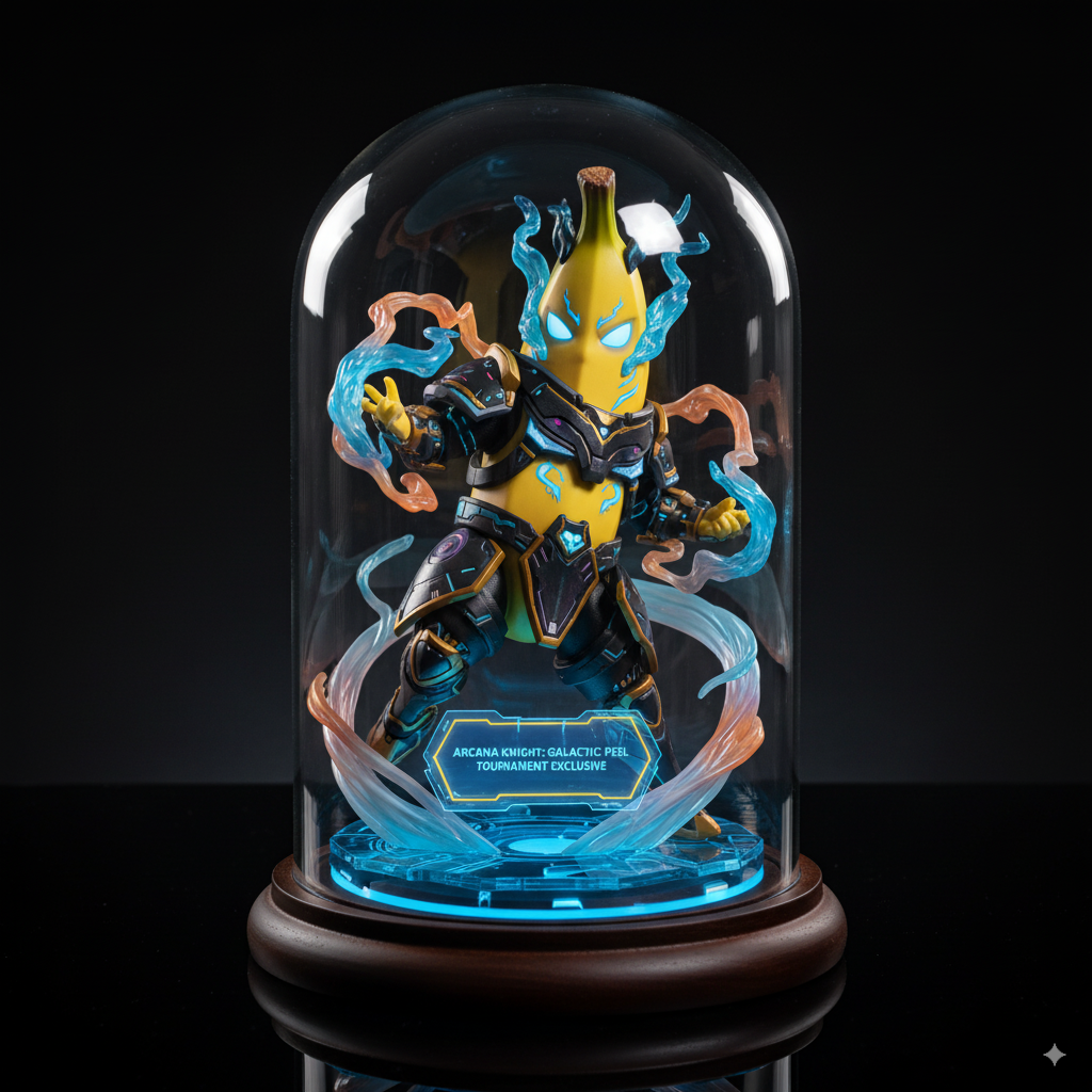 multiplayer battle arena character, legendary skin variant, dynamic ability-casting pose, suspended particle effects, tech-hexagon base, holographic identifier, tournament exclusive version